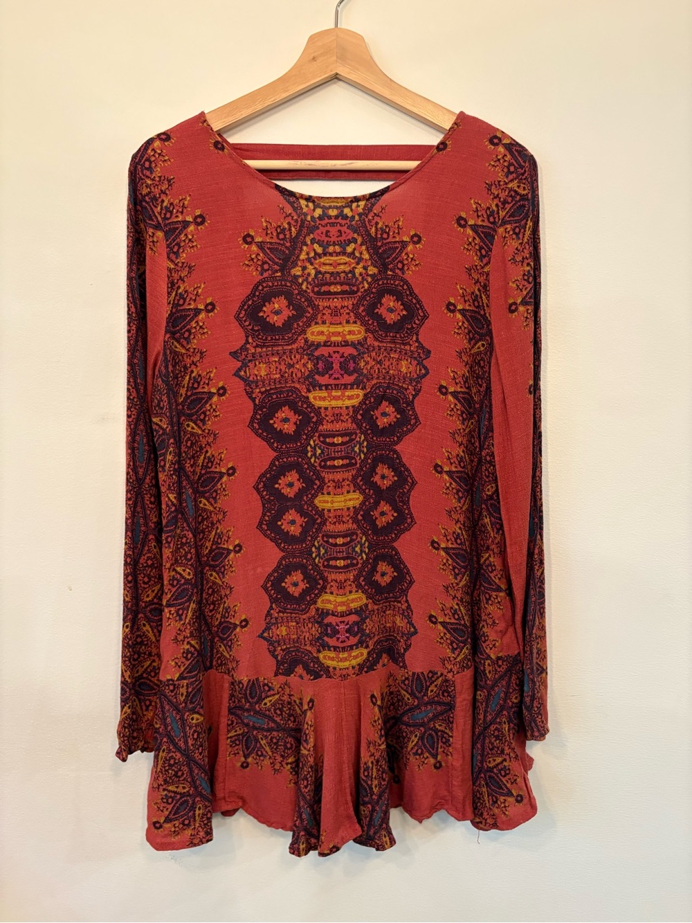 Free People Rust Printed Long-Sleeve Mini Dress with Pockets